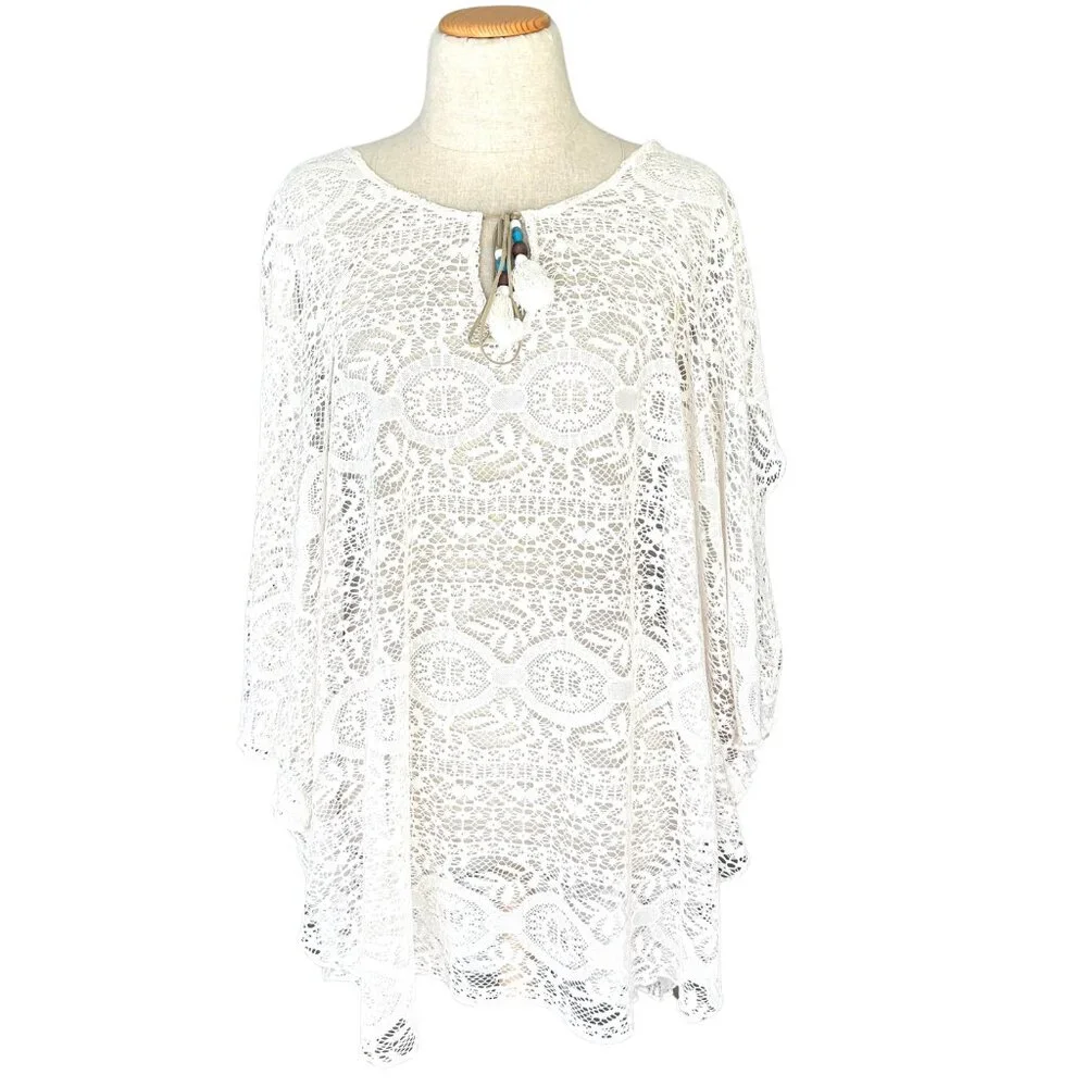 Lace‎ Poncho Top Womens OS White Boho Tassel Bead Sheer Coverup Western Crochet
